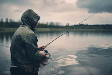 Man fishing in beautiful river. Generative AI