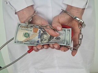 Doctor with stethoscope with dollar bills and handcuffs