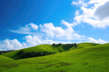 Fototapeta premium Green hills and a blue sky with clouds. Generative AI