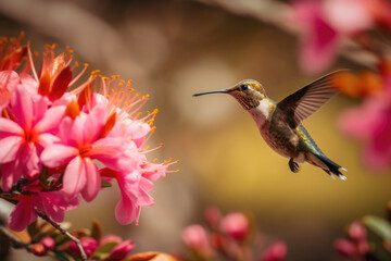 Fototapeta na wymiar Ruby-throated Hummingbird and pink summer flowers. Generative AI