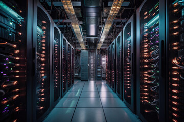 A platform serves as a host for modern online content, with server data storage hardware housed on racks. Generative AI