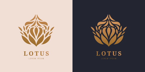 Vector golden calm, relax lotus logo. Abstract flower icon silhouette. Use for spa, cosmetics, massage, yoga, relaxation,