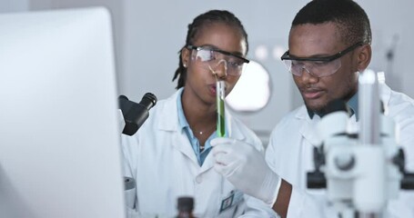 Scientist, team and people with test tube, plants and research of ecology in laboratory. Black man, woman and natural science innovation for sustainable biology, leaf growth and sample of gmo results