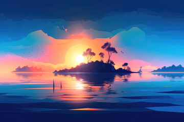 Sunrise Landscape, with paradise island. Peaceful Contemporary Background with blue Gradient Sky. Generative AI