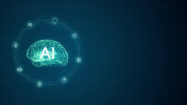 Motion graphic of Blue digital brain logo and circle futuristic HUD with Ai chatbot and machine learning technology with artificial intelligence and robot icon concepts on abstract background