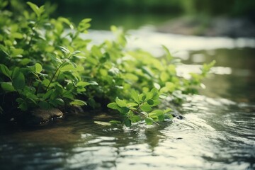 Obraz na płótnie Canvas Beautiful spring detailed close up stream of fresh water with young green plants. Horizontal banner, springtime concept. Abstract outdoor wild nature background. AI generative image. Generative AI