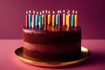 Chocolate birthday cake with chocolate ganache drip icing, generative ai