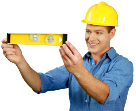 Friendly Construction Worker Using Level - Isolated - Powered by Adobe