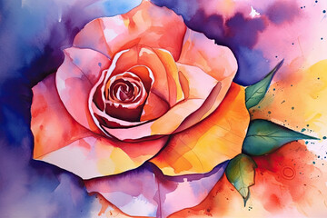 Fototapeta na wymiar Paint a watercolor picture of a single rose with a bold and abstract style, using bright colors and unusual shapes to create a sense of energy and movement on a white background