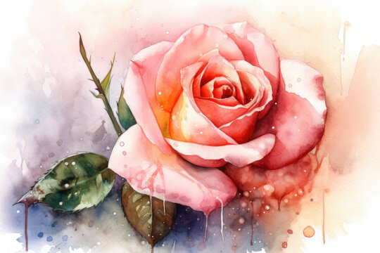 Paint a watercolor picture of a single rose with a water droplet effect, creating a sense of freshness and dewiness, with a white background that adds a sense of purity and clarity to the scene