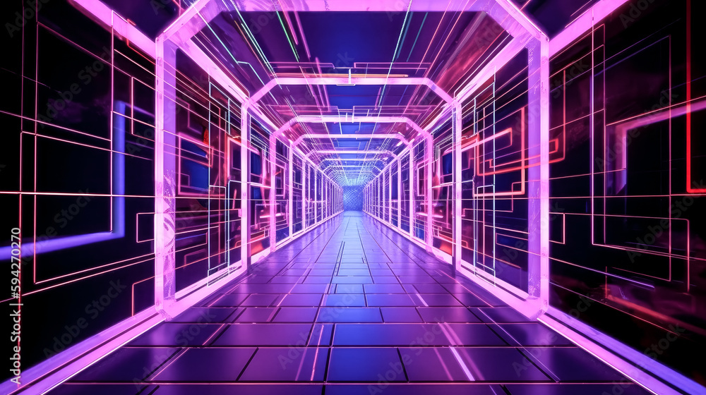Aufkleber a glowing lines in a neon square portal formed a tunnel - generative ai.