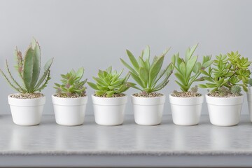 a group of succulents sitting on top of a white table, generative ai
