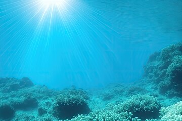 Sinlight rays in ocean, a large body of water that is under water, light blue background, generative ai