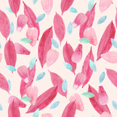 Light seamless pink watercolor pattern with leaves