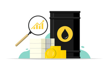 Oil price analysis concept, Oil tank with money, magnifying glass on isolated background, Digital marketing illustration.