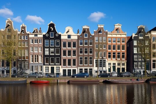 Urban scene with canal houses in Amsterdam, Netherlands, Europe. Generative AI