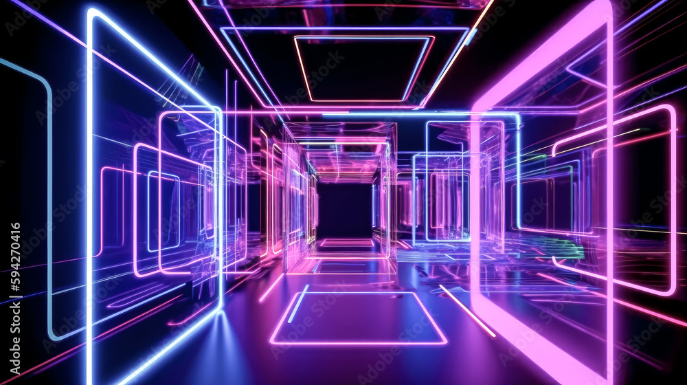 Aufkleber a magnificent glowing lines tunnel was created from a neon square portal - generative ai.