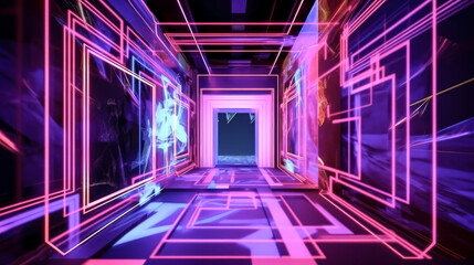 An image featuring ultraviolet neon squares and glowing lines in a tunnel was created using generative AI - generative AI.