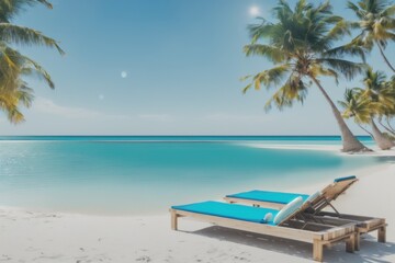 Obraz na płótnie Canvas Empty beach chairs next to a palm tree at the beach during a summer vacation, generative ai