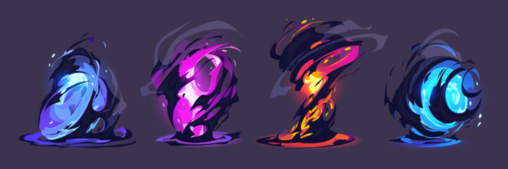 Vfx tornado game cartoon storm effect set isolated. Blue flash twirl with cloud. Magic energy power motion. Magician destructive funnel swirl. Different orange force spell with flame png asset kit.