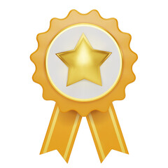 3D quality guarantees a medal with a star and ribbon. Yellow badge warranty icon isolated on white background. Realistic graphics Certificate Badge icon, award badge. 3D png illustration.