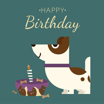  Illustration Happy Birthday  with Dog and Cake 