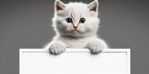 Baby Katze hält ein weißes Schild KI