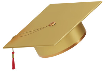 3D realistic gold Graduation university or college. Gold cap. Graduate college, high school, Academic, or university cap. Golden Hat for degree ceremony. 3D png illustration.