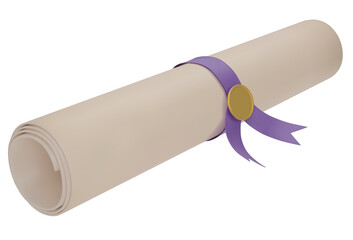 Diploma, close up of paper scroll with purple ribbon isolated on white background. Graduation Degree Scroll with Medal. Education certificate graduation scroll icon.  3D png illustration.