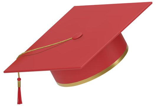 3D Realistic Graduation University Or College Dark Red Cap Isolated On White Background. Graduate College, High School, Academic, Or University Cap. Hat For Degree Ceremony. 3D Png Illustration.