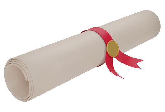 Diploma, close up of paper scroll with red ribbon isolated on white background. Graduation Degree Scroll with Medal. Education certificate graduation scroll icon.  3D png illustration.