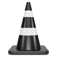 3d traffic cones with white and black stripes isolated on white background. Construction cone icon. Single black traffic warning cone. Under construction, and maintenance. 3D png  illustration.