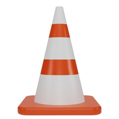 3d traffic cones with white and orange stripes isolated on white background. Construction cone icon. Single orange traffic warning cone. Under construction, and maintenance. 3D png illustration.