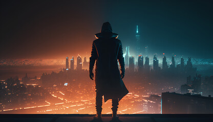 Fototapeta premium Person on roof, Scifi background