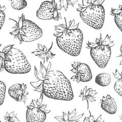 Hand-drawn strawberry tropical seamless pattern vector illustration with white background. high-detail strawberry vector. seamless fruit pattern