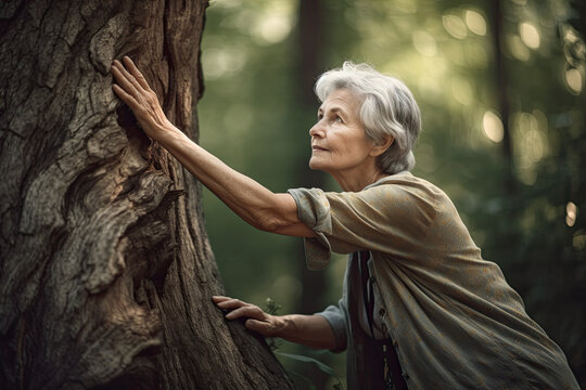 Senior woman touching a tree, Generative AI