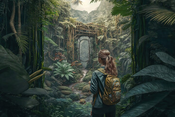Obraz na płótnie Canvas Unrecognizable woman traveler with backpack in greens jungle ,rainforest. Adventure, travel, tourism,ecotourism freedom and active lifestyle concept, AI Generative