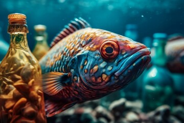 Fototapeta na wymiar Fish swimming in polluted sea, between plastic bottles. Ai, generative ai