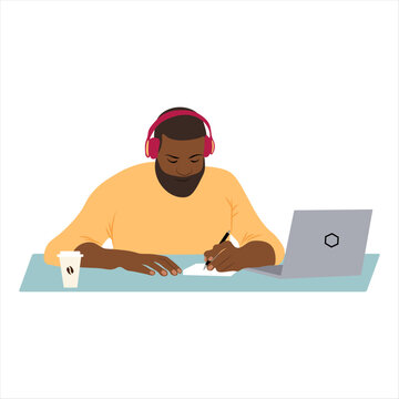 Young black guy studying working online on laptop vector image on white background