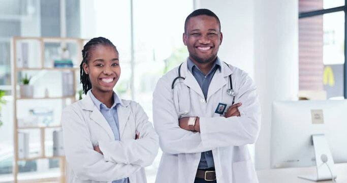 Team, doctors and face of black man and woman with crossed arms for trust, insurance and support. Healthcare, hospital and portrait of health workers smile for medical care, service and consulting
