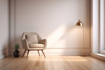 interior of a room armchair, wood floor, empty white background,  Generative AI	