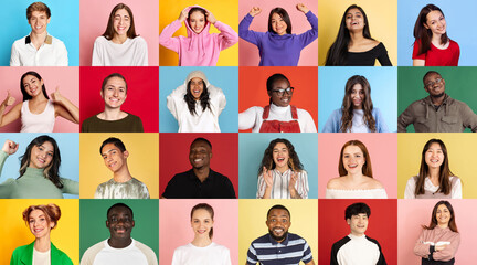 Collage made of different young people, men and women of various age, gender and nationality, smiling. Multicolored background. Concept of emotions, human rights and equality, youth, ad