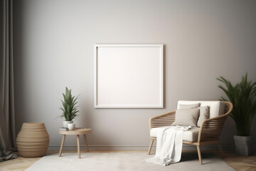interior of a room with a chair minimalist cozy healing living room blank frame mockup,  Generative AI	