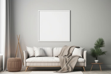 Boho minimalist cozy healing living room blank frame mockup,  Generative AI	
