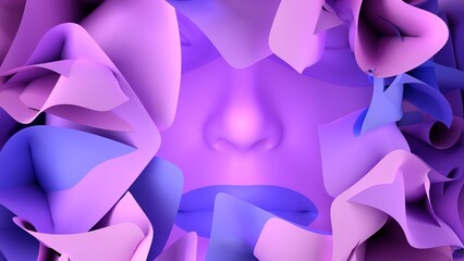 abstraction of chaotic waves of fabric, woman face, beautiful background, 3d render