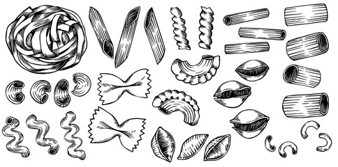 drawing in sketch style. vintage set of types of pasta. italian food, pasta