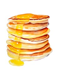 Watercolor illustration of pancakes with honey on white background. Generative AI.
