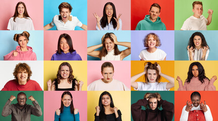 Anger and irritation. Collage of different young people, men and women of diverse nationality showing emotions of annoyance over multicolored background. Concept of emotions, human rights and equality - obrazy, fototapety, plakaty