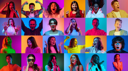 Fototapeta na wymiar Shock and excitement. Collage made of different people, men and women of diversity age, race and nationality showing emotions over multicolor background. Concept of emotions, human rights and equality