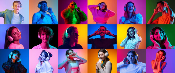 Naklejka na ściany i meble Collage of different people of diverse gender, age and race listening to music in headphones over multicolored background in neon light. Concept of emotions, human rights and equality, youth, ad